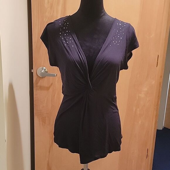 Vertigo Paris black deep v rhinestone shoulders sz med - Picture 1 of 6